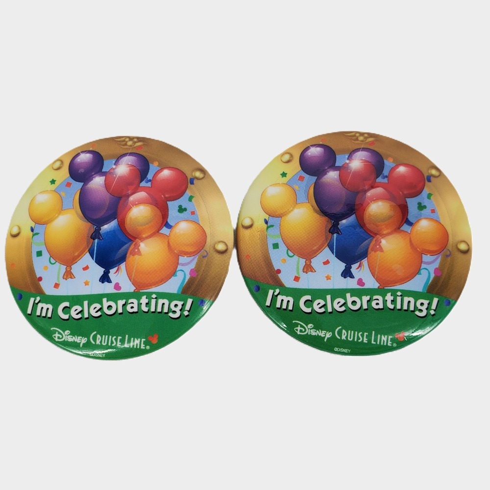 Set of 2 Disney Cruise Line I'm Celebrating Mickey Mouse Balloon Button Pins